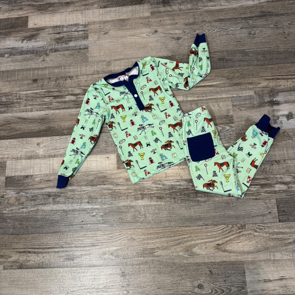 Smockingbird Kids' Size‎ 4T Green Horse Racing Derby Print Pajama Set
